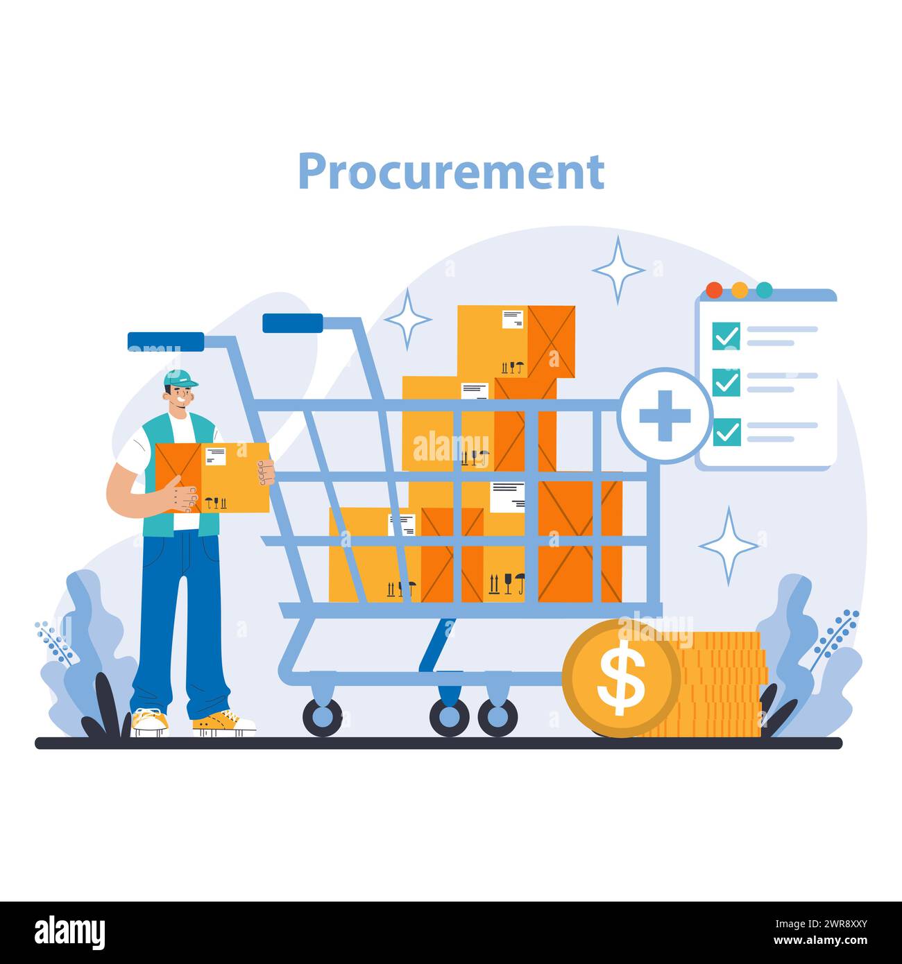 Procurement Process concept. Efficient sourcing and purchasing operations. Managing supply costs and inventory needs. Streamlining order fulfillment and vendor relations. Flat vector illustration. Stock Vector