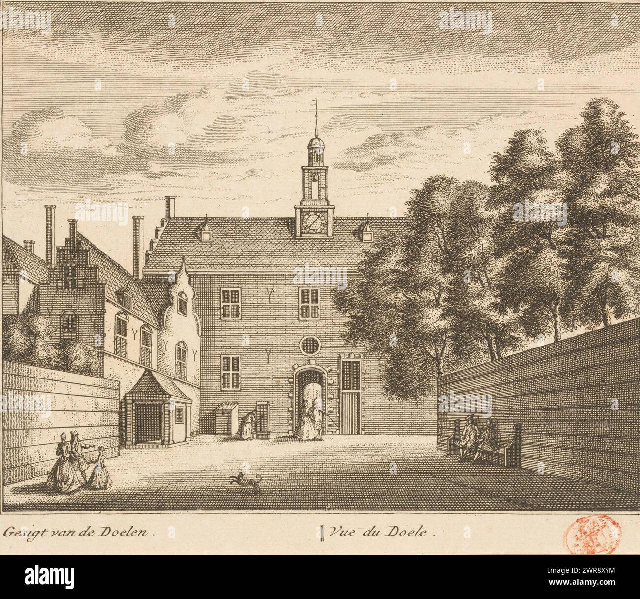 View of the Kloveniersdoelen in Dordrecht where the National Synod was held in 1618-1619, View of the Schutters Doelen where the Sinode was held in the years 1618 and 1619 / Vue du Doele, où le Synode s'est tenu en 1618 et 1619 ( title on object), View of the Kloveniersdoelen in Dordrecht where the National Synod was held in the years 1618-1619 (Synod of Dordrecht). In the foreground a stall and some passers-by., print maker: Leonard Schenk, after drawing by: Abraham Rademaker, publisher: Leonard Schenk, (possibly), Amsterdam, 1736, paper, etching, engraving, height 171 mm, width 201 mm Stock Photo