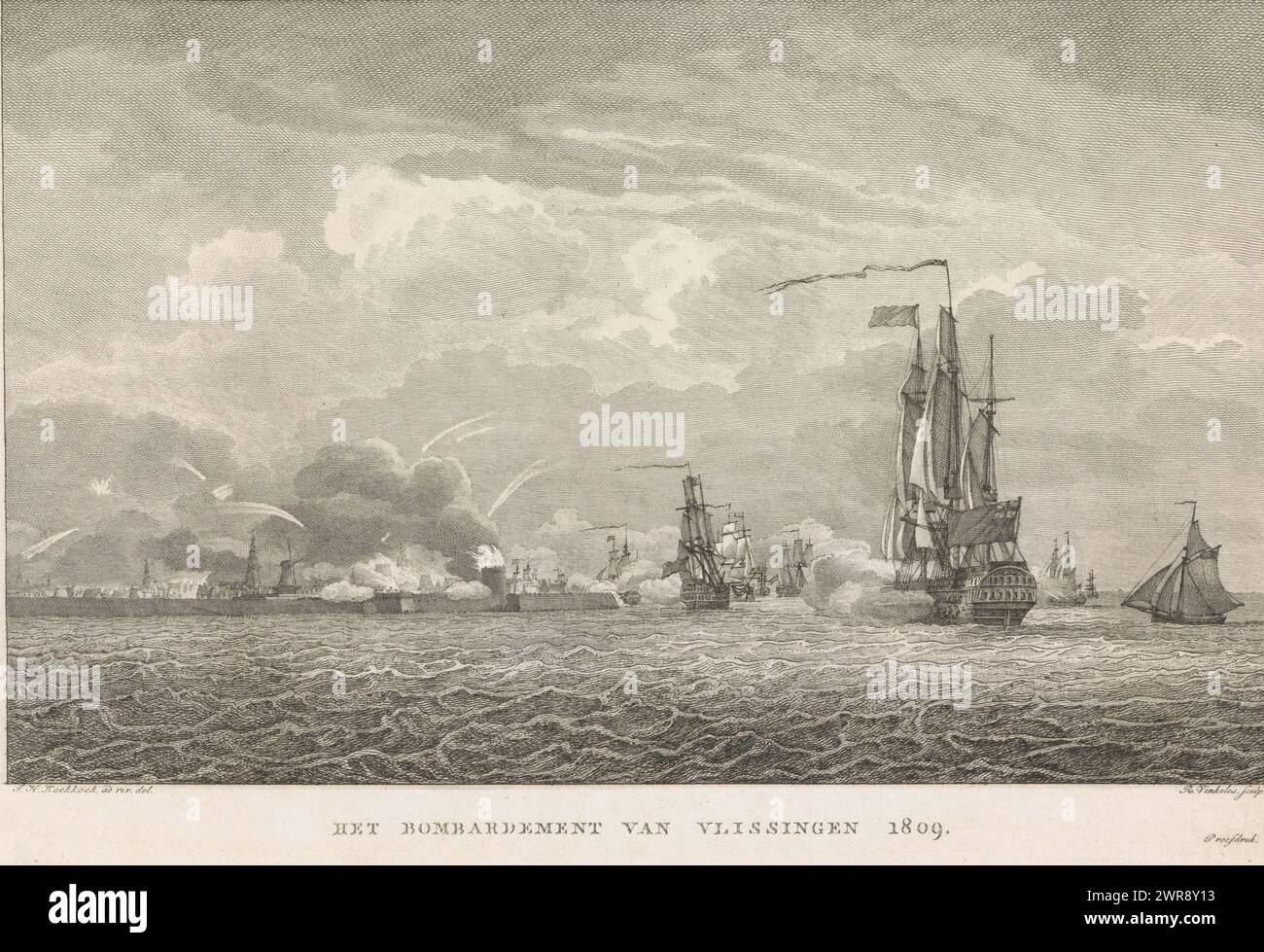 Bombardment of Vlissingen, 1809, The Bombardment of Vlissingen 1809 (title on object), The city of Vlissingen is shelled from the sea by British ships, August 13, 1809. See also the pendant., print maker: Reinier Vinkeles (I), after drawing by: Johannes Hermanus Koekkoek, print maker: Netherlands, after drawing by: Flushing, 1809 - 1810, paper, etching, engraving, height 184 mm × width 263 mm, print Stock Photo