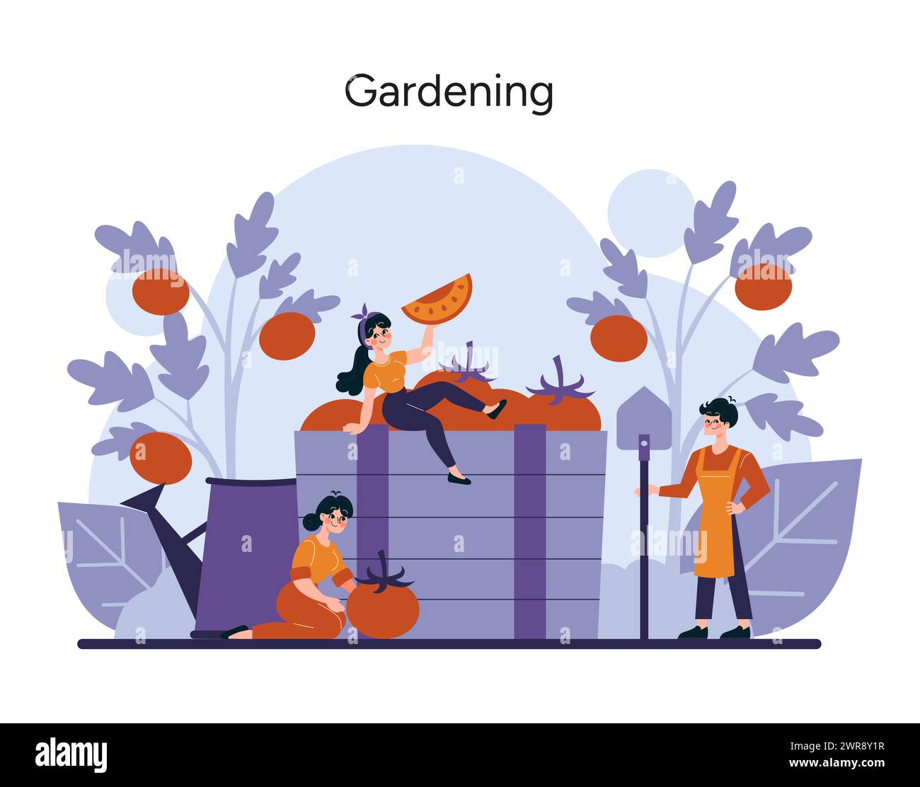 Gardening concept. A vibrant scene unfolds as cheerful gardeners engage in the meticulous care of their lush vegetable garden, reveling in the abundance of the harvest season. Vector illustration Stock Vector