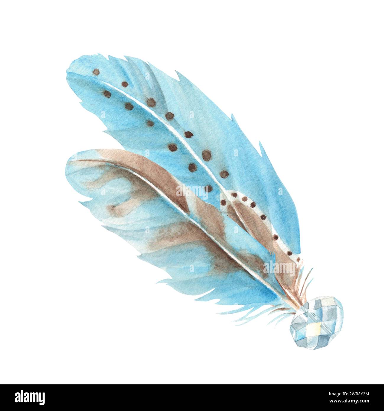 Watercolor composition from blue feathers and crystal isolated on white ...