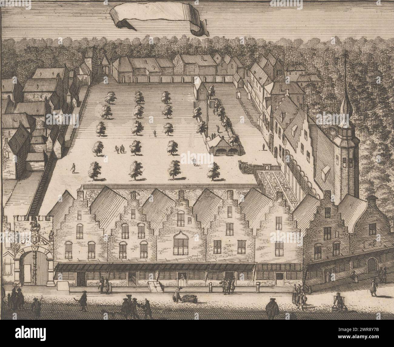 View of the Sint-Sebastiaansdoelen in Middelburg, View of the Sint-Sebastiaansdoelen - also known as the shooting court of the Noble Longbow - in Middelburg., print maker: anonymous, in or before 1696, paper, etching, engraving, height 136 mm × width 167 mm, print Stock Photo