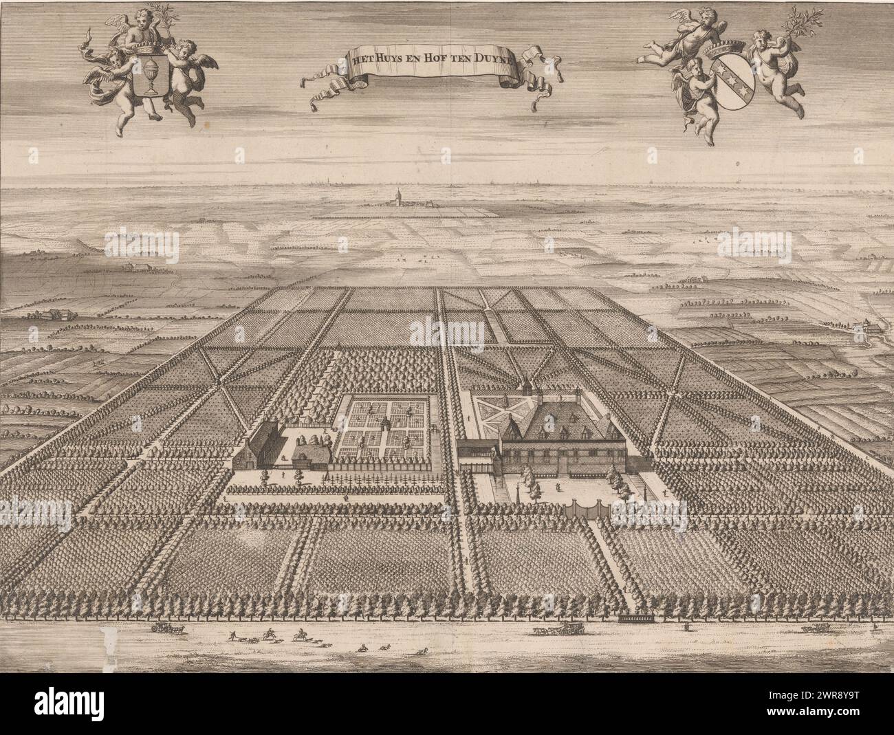 View of the Huis ten Duyne country estate, Het Huys and Hof ten Duyne (title on object), View of the Huis ten Duyne country estate near Oostkapelle, from a bird's-eye perspective. To the right of the center is the country house, surrounded by the associated gardens and orchards. Top left three putti with the coat of arms of owner Johan Godin, top right three putti with the coat of arms of his wife Maria Boddaert., print maker: anonymous, publisher: Johannes Meertens, (possibly), publisher: Abraham van Someren, (possibly), publisher: Middelburg, publisher: Amsterdam, 1696, paper Stock Photo
