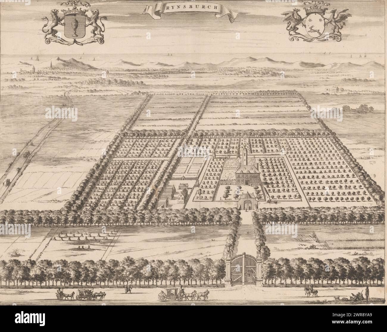 View of the Rijnsburg country estate, Rynsburch (title on object), View of the Rijnsburg country estate near Oostkapelle, from a bird's-eye perspective. To the right of the center is the country house surrounded by gardens and orchards. In the background the dunes and sea. Top left the coat of arms of owner Jacob Godin, in the middle a banderole with the title, top right the coat of arms of his wife Catharina de Haze., print maker: Jan Luyken, Amsterdam, in or before 1696, paper, etching, engraving, height 274 mm × width 340 mm, print Stock Photo