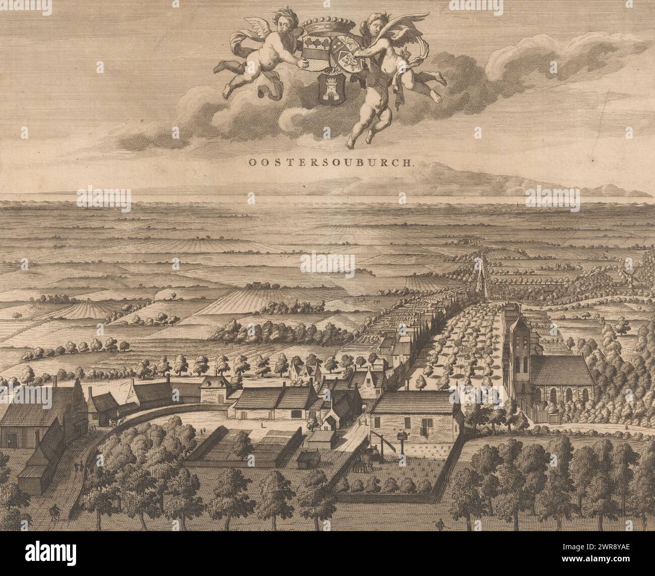 View of Oost-Souburg, Oostersouburch (title on object), View of the village of Oost-Souburg in Zeeland, from a bird's-eye perspective. At the top center three putti with three weapons; on the left that of Alexander de Muinck, lord of Oost-Souburg, on the right that of his wife Maria Thibaut, and below that of Oost-Souburg., print maker: anonymous, publisher: Johannes Meertens, (possibly), publisher: Abraham van Someren, (possibly), publisher: Middelburg, publisher: Amsterdam, publisher: Leiden, 1696 - 1728, paper, etching, engraving, height 270 mm × width 333 mm Stock Photo