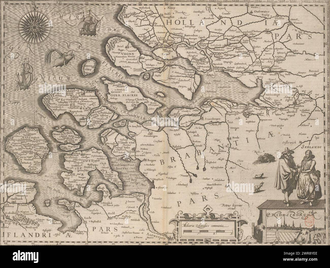 Map of Zeeland, bottom right of the center a cartouche with a scale: Miliaria Zelandica communia. Bottom right a cartouche with a view of Middelburg and two Zeelanders ('Seelandi') in costume. Graduation along the edges. Latin text on the reverse., print maker: anonymous, publisher: Pieter van der Keere, Amsterdam, c. 1600 and/or 1622, paper, engraving, letterpress printing, height 355 mm × width 474 mm, print Stock Photo