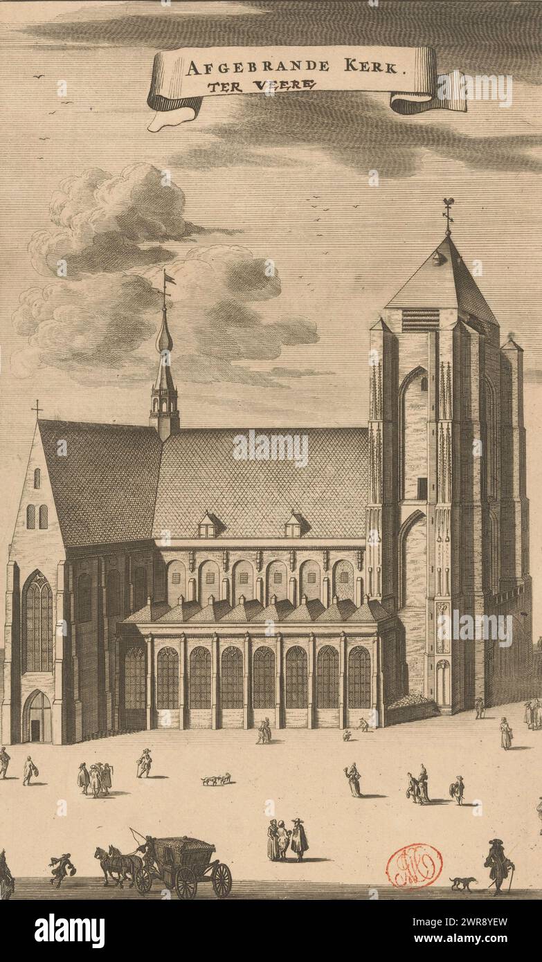 View of the Grote Kerk in Veere, Burned down church Ter Veere (title on object), View of the Grote Kerk in Veere, after the fire of 1686. Cut off inside plate edge, so numbering at top right but partly visible [Pag. 583]., print maker: anonymous, publisher: Johannes Meertens, (possibly), publisher: Abraham van Someren, (possibly), publisher: Middelburg, publisher: Amsterdam, 1696, paper, etching, engraving, pen, height 271 mm × width 166 mm, print Stock Photo