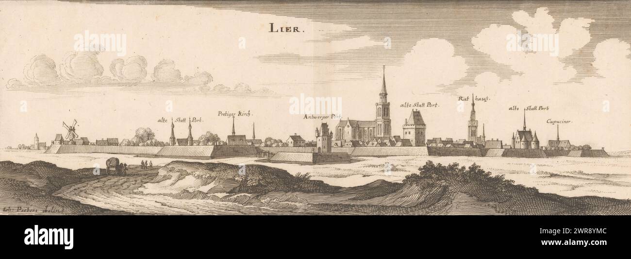 View of Lier, Lier (title on object), View of Lier. To the right of the center, in the city, the St. Gummarus Church. The title is in the top center., print maker: Caspar Merian, after drawing by: Jan Peeters (1624-1678), publisher: Caspar Merian, Frankfurt am Main, 1654 - c. 1700, paper, etching, engraving, height 123 mm, width 337 mm, print Stock Photo