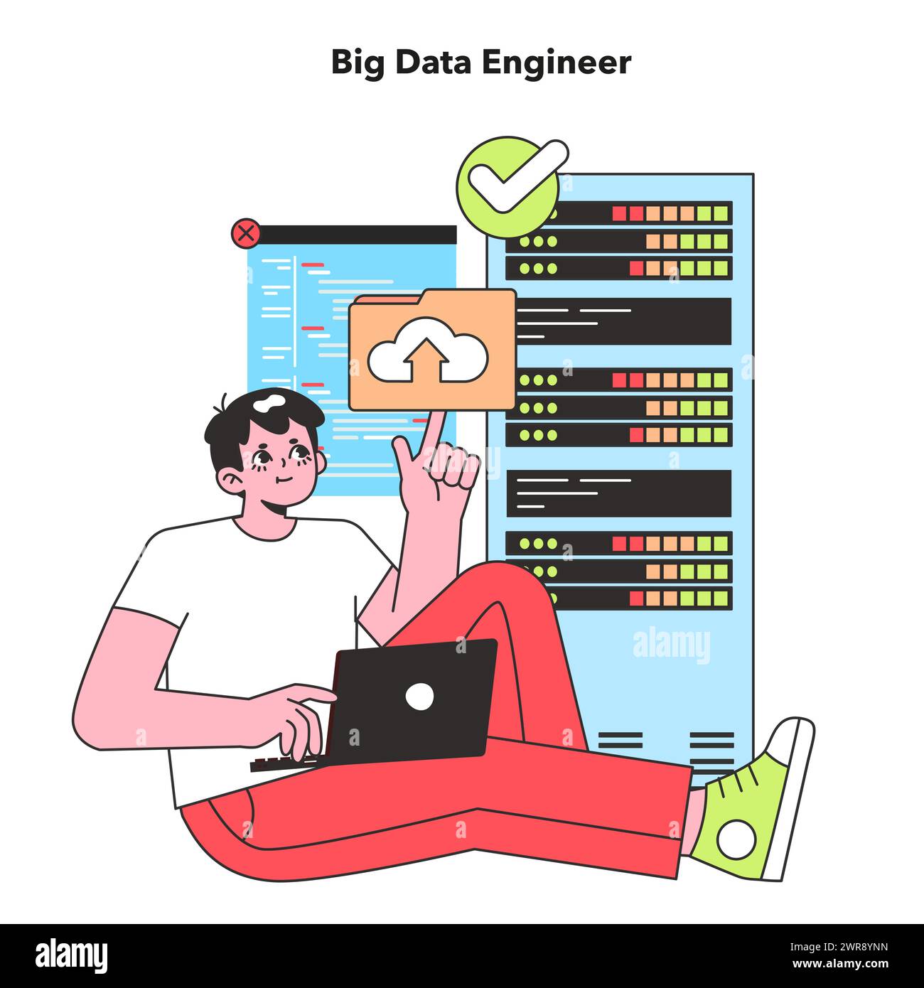 A Big Data Engineer is depicted in a relaxed pose, confidently managing vast datasets, symbolizing the crucial role of data analysis in the tech industry. Stock Vector