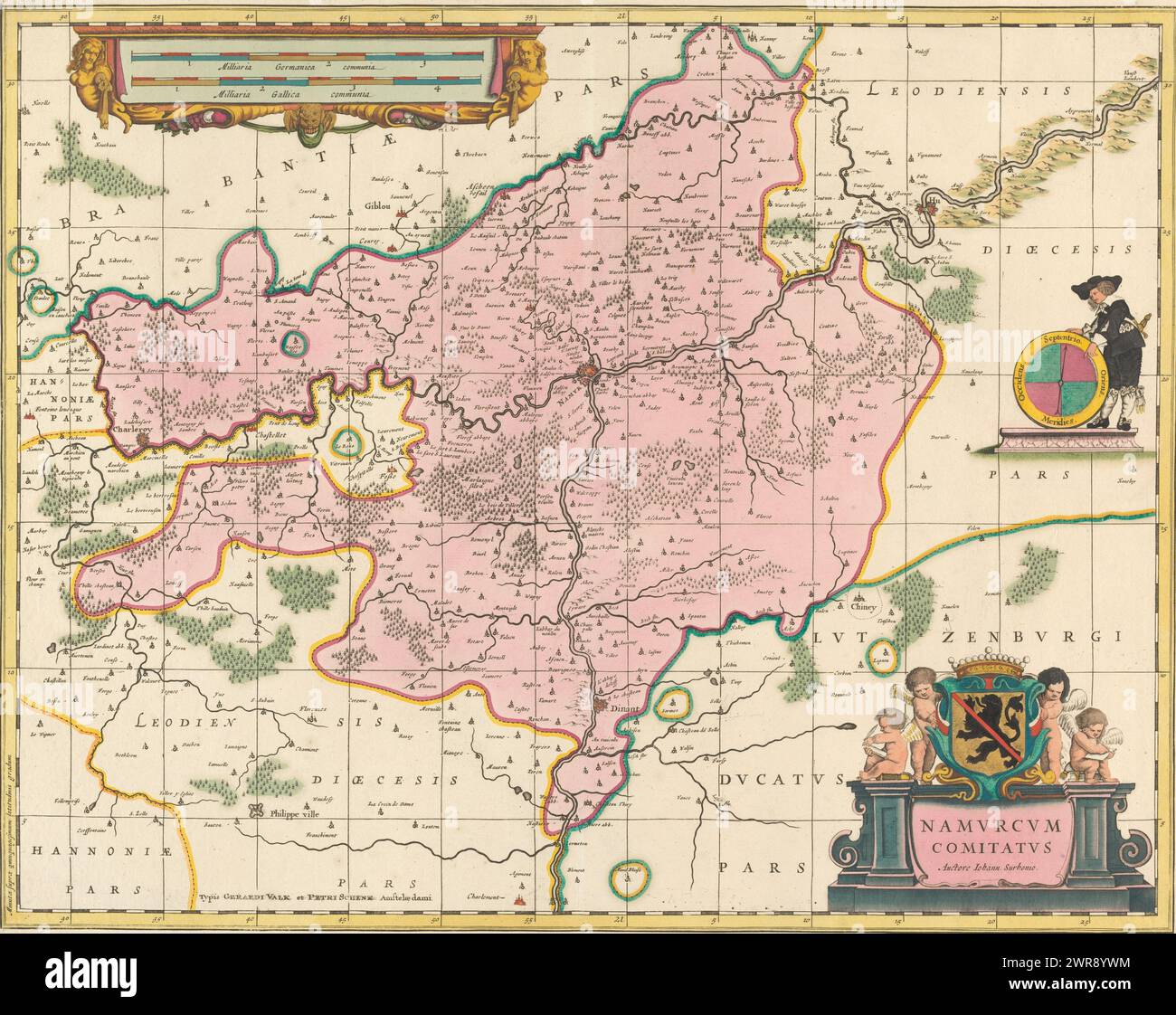 Map of the county of Namur, Namurcum comitatus (title on object), Map of the county of Namur. Bottom right the title cartouche with the coat of arms of the county of Namur at the top. Top left a cartouche with two scale bars: 3 Milliaria Germanica communia / 4 Milliaria Gallica communia. The map has a coordinate grid and a degree distribution along the edges., print maker: anonymous, publisher: Gerard Valck, publisher: Pieter Schenk (I), Amsterdam, 1638 and/or 1683 - 1711, paper, engraving, letterpress printing, height 412 mm × width 521 mm Stock Photo