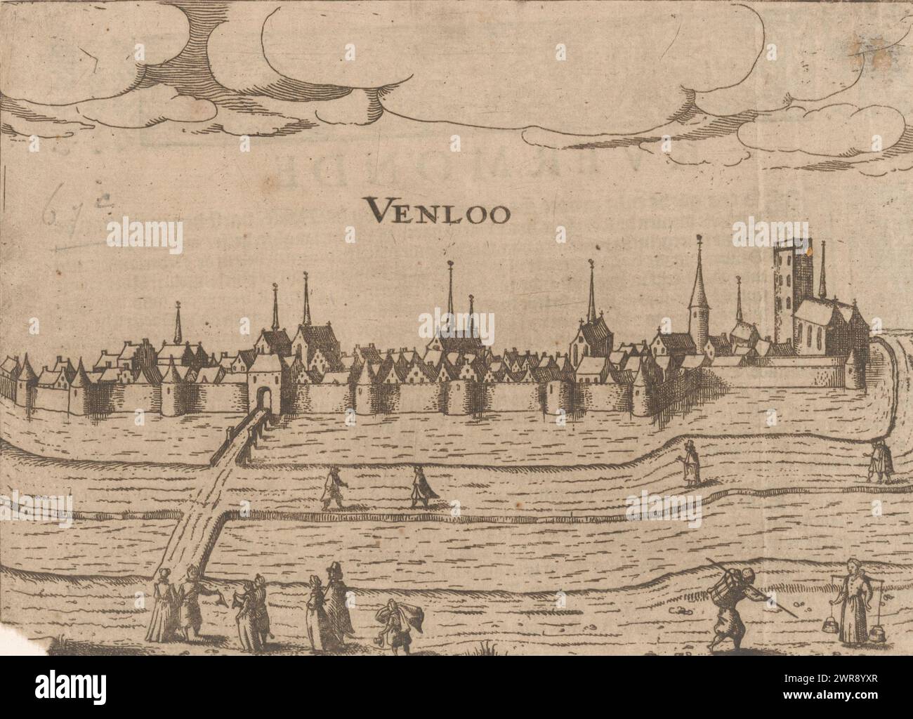 View of Venlo, Venloo (title on object), View of Venlo from the southeast. You can see the Keulsepoort, also called the Laarpoort. Dutch text on verso., print maker: anonymous, publisher: Jan Jansz., Arnhem, 1615, paper, etching, letterpress printing, height 140 mm × width 195 mm, print Stock Photo