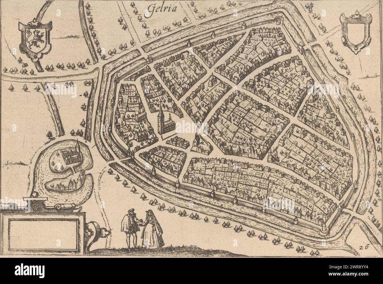 Map of Geldern, Gelria (title on object), Map of Geldern with buildings in a bird's eye view. Bottom left an empty cartouche. Top left the coat of arms of Gelre, top right an empty coat of arms. Numbered bottom right: 26., print maker: anonymous, publisher: Willem Janszoon Blaeu, publisher: Johannes Janssonius, Amsterdam, 1612 - 1648, paper, etching, engraving, height 161 mm × width 244 mm, print Stock Photo