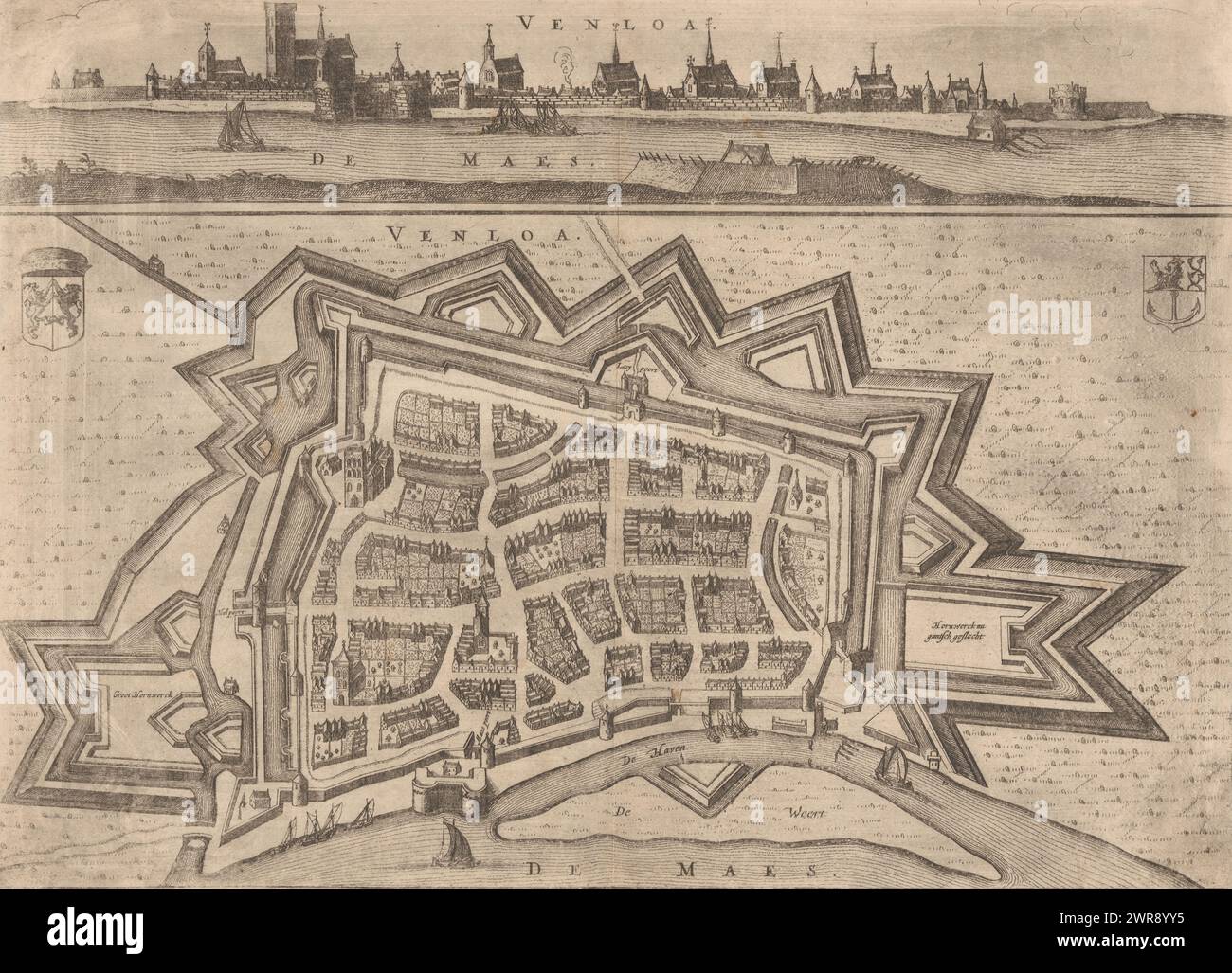 Map of Venlo, Venloa (title on object), Map of Venlo from a bird's eye view. Above the map a view of Venlo, seen from outside the city. Top left, in the map, the coat of arms of Gelre and top right the coat of arms of Venlo., print maker: Nicolaes van Geelkercken, publisher: Jacob van Biesen, Arnhem, 1653 - 1672, paper, etching, engraving, height 251 mm × width 346 mm, print Stock Photo