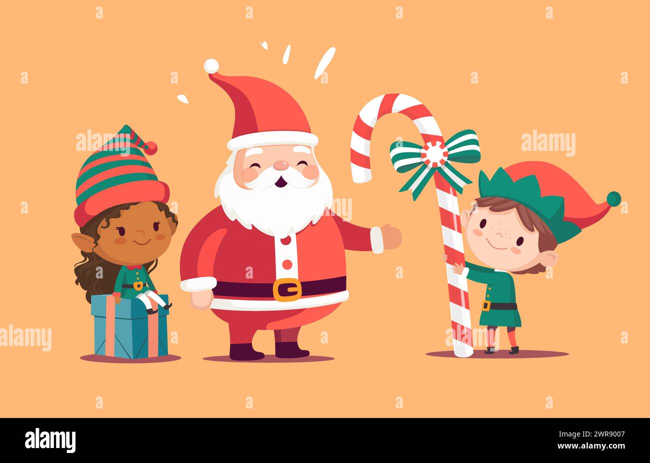 Little Christmas elves and Santa Claus. Multicultural Little Santa's helpers with holiday gifts and candies. Set of adorable cartoon characters. Flat Stock Vector