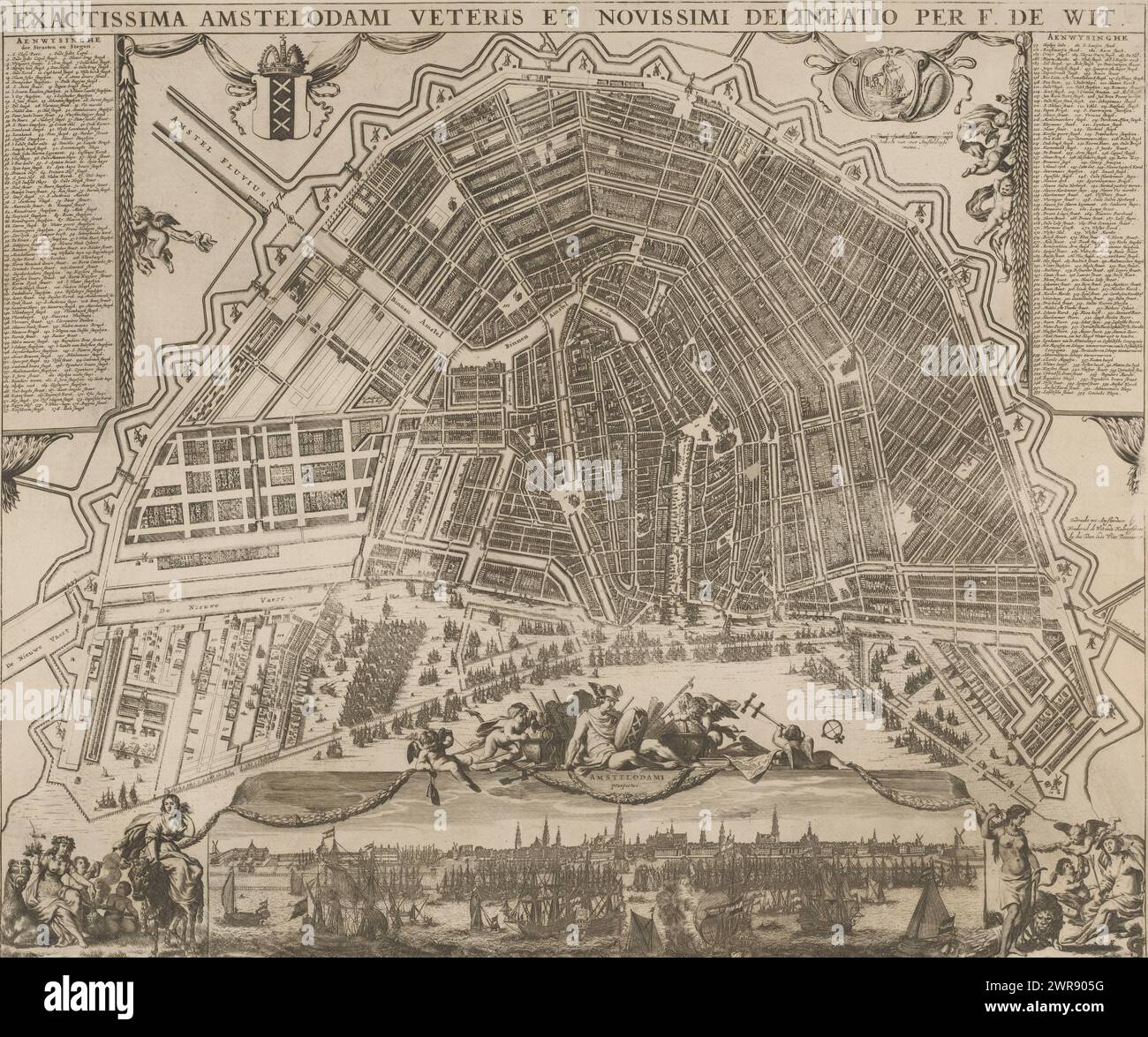Map of Amsterdam, Exactissima Amstelodami veteris et novissima delineatio (title on object), Map in bird's eye view. The title along the top. Top left the legend 1-178. To the right of it is the city's coat of arms. Top right the legend 179-354 with the city seal and a scale stick to the left: Scale of 1000 Amsteldam feet. Bottom left a female figure with a censer on a camel or dromedary as a personification of Asia and Europe on a bull as a personification of the continent of the same name. In the bottom middle a view of the city, seen from the IJ Stock Photo