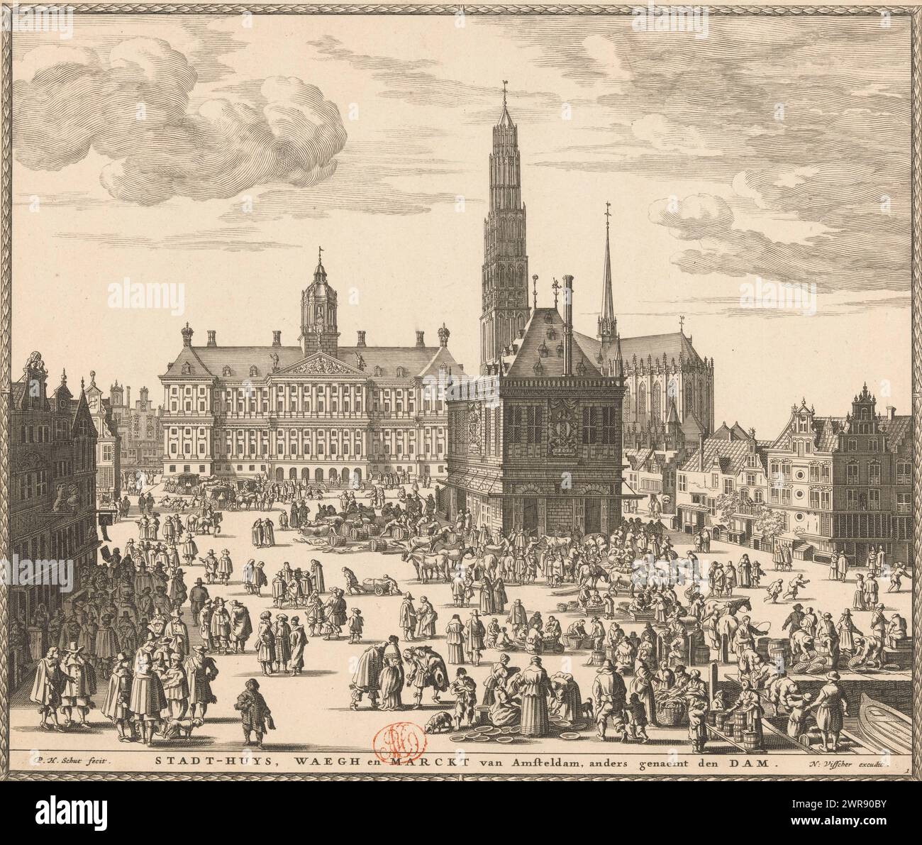 View of the City Hall, the Nieuwe Kerk and the Waag on Dam Square in Amsterdam, Stadt-Huys, Waegh and Marckt van Amsteldam, otherwise known as the Dam (title on object), Eight buildings in Amsterdam (Schut / Visscher) (series title), View of the Dam in Amsterdam. To the left of the center is the Town Hall. To the right of the center is the Nieuwe Kerk with the never completed tower, in front of which is the Waag. Numbered bottom right: 1., print maker: Pieter Hendricksz. Schut, publisher: Nicolaes Visscher (I), publisher: Nicolaes Visscher (II ), Amsterdam, 1662 - 1720, paper Stock Photo