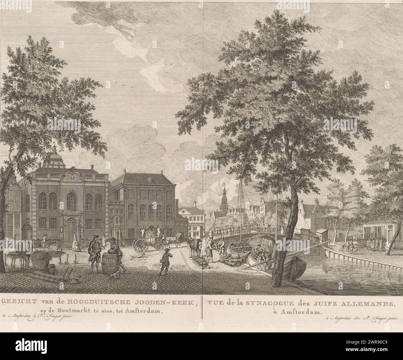 View of the New and Great Synagogue in Amsterdam, View of the High German Jewish Church, to be seen on the Houtmarkt, to Amsterdam / Vue de la Synagogue des Juifs Allemands, à Amsterdam (title on object), View of the New Synagogue (left ) and Great Synagogue (right) of the High German community on the Deventer Houtmarkt, the current Jonas Daniël Meijerplein, in Amsterdam. Below the performance the title in Dutch and French. Numbered top right: 63., print maker: Caspar Jacobsz. Philips, (possibly), after drawing by: Jan de Vlaming, (possibly ), publisher: Pierre Fouquet, Amsterdam Stock Photo