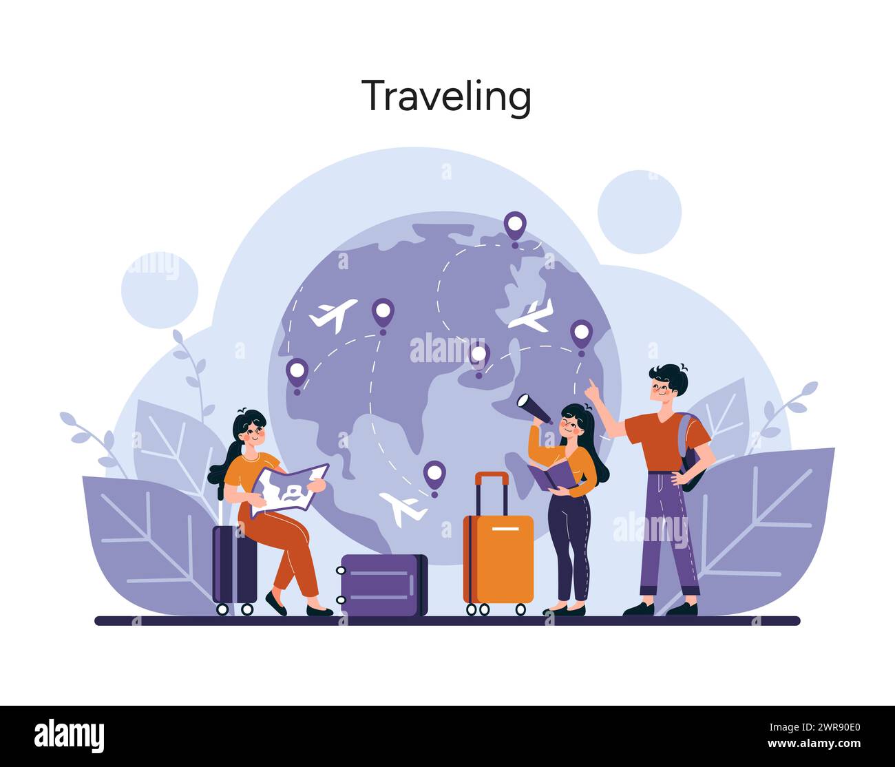 Traveling theme set. Family ready for a journey, with luggage and a map, excitedly anticipating their adventures around the globe. Vector illustration Stock Vector
