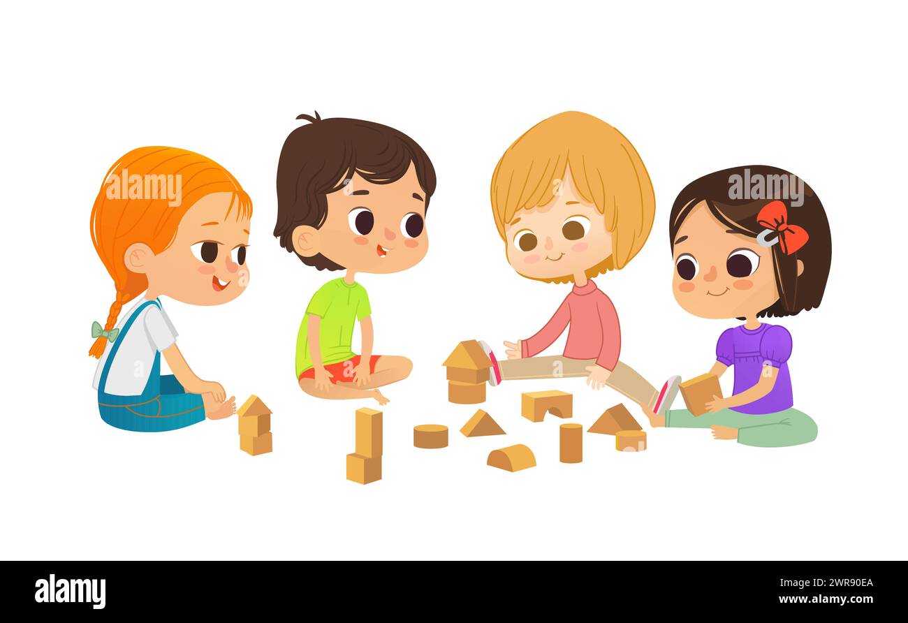 Smiling kids sit on floor in circle, play with toy cubes and talk. Children's entertainment, preschool and kindergarten activity concept. Vector illus Stock Vector