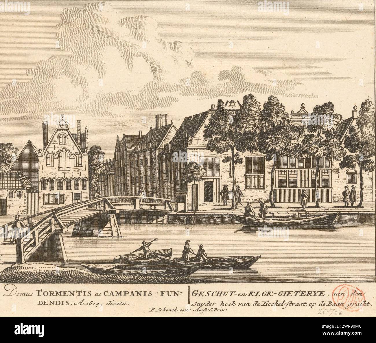View of the Stads Geschut- en Klokkengieterij on the Lijnbaansgracht in Amsterdam, Geschut- en Klok-Gieterye, on the suyder corner of the Ticchelstraat, on the Baangracht / Domus Tormentis ac Campanis Fundendis, A. 1614 dicata (title on object), 100 Images of the main buildings of Amsterdam (series title), View of the City Artillery and Bell Foundry on Lijnbaansgracht, on the corner with Tichelstraat, in Amsterdam. Viewed from the west. Below the performance the title in Latin and Dutch., print maker: anonymous, publisher: Pieter Schenk (I ), publisher: Barent Greve, (possibly), Amsterdam Stock Photo