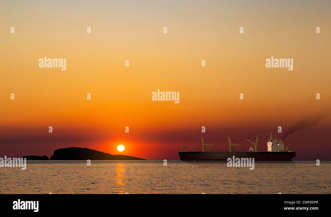 A silhouette of a cargo ship at sunset Stock Photo - Alamy