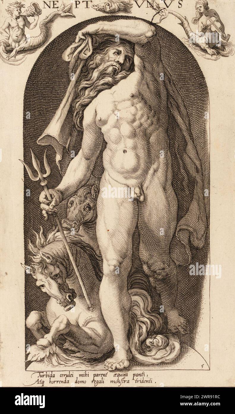 Neptune, Neptvnvs (title on object), Ancient Gods (series title), A statue of the god of the sea Neptune, placed in a niche. Neptune holds a trident in his hand and fabulous sea creatures are depicted around him. Below the picture is a Latin verse., print maker: Nicolaas Braeu, after design by: Karel van Mander (I), publisher: François van den Hoeye, (possibly), Haarlem, 1598, paper, engraving, height 265 mm × width 165 mm, print Stock Photo