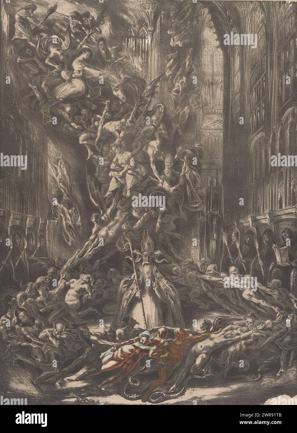 Satan with demons in a Gothic cathedral, La Ronde du Sabbat, print maker: Louis Boulanger, publisher: Schrott, Paris, 1829, paper, height 708 mm × width 523 mm, print Stock Photo