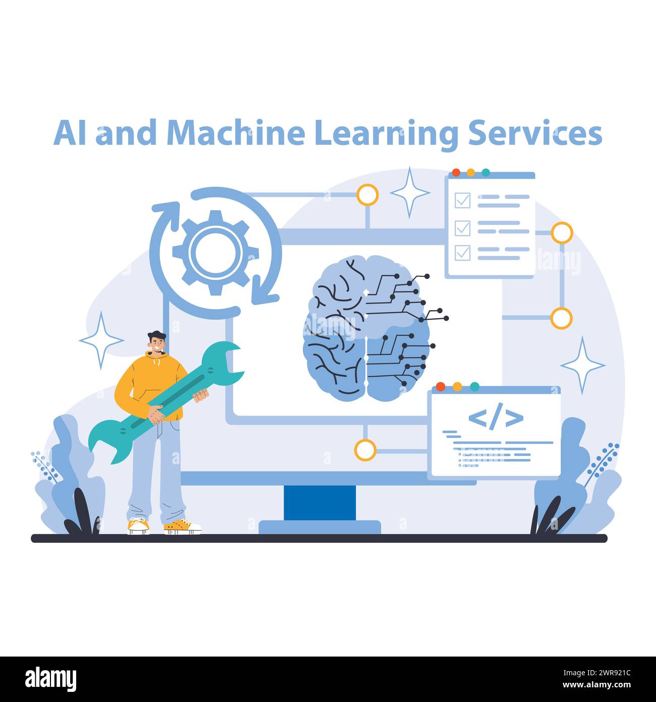 Artificial Intelligence Concept. Pioneering AI and machine learning solutions. Complex algorithms and data processing visualized. Advancements in intelligent automation. Flat vector illustration. Stock Vector