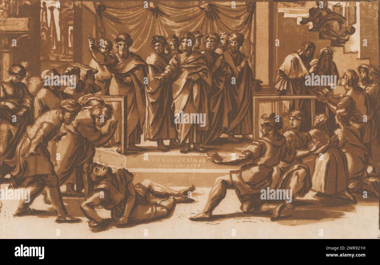 Death of Ananias, In front Ananias lies on the ground. Bystanders look on in bewilderment. In the middle Peter stands on a podium together with eight men. He gestures with his right hand. On the right, two apostles hand out money., print maker: Ugo da Carpi, after design by: Rafaël, Italy, 1518 - 1532, paper, height 239 mm × width 373 mm, print Stock Photo