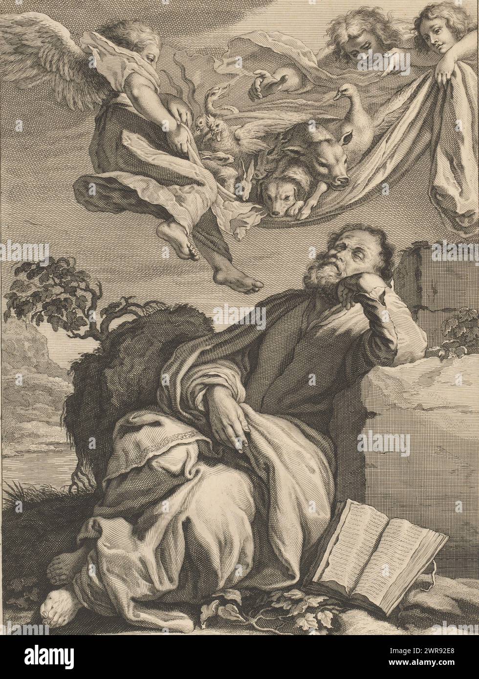 Vision of Peter, Caelaturae (series title), In a mountainous landscape, Peter sleeps against a rock. Next to him lies an open book and above him three angels hold a sheet with all kinds of unclean animals on it., print maker: Jeremias Falck, after painting by: Domenico Feti, after painting by: Johann Liss, (rejected attribution), print maker: Amsterdam, after painting by: Italy, after painting by: Italy, 1646 - 1658, paper, engraving, height 419 mm × width 292 mm, print Stock Photo