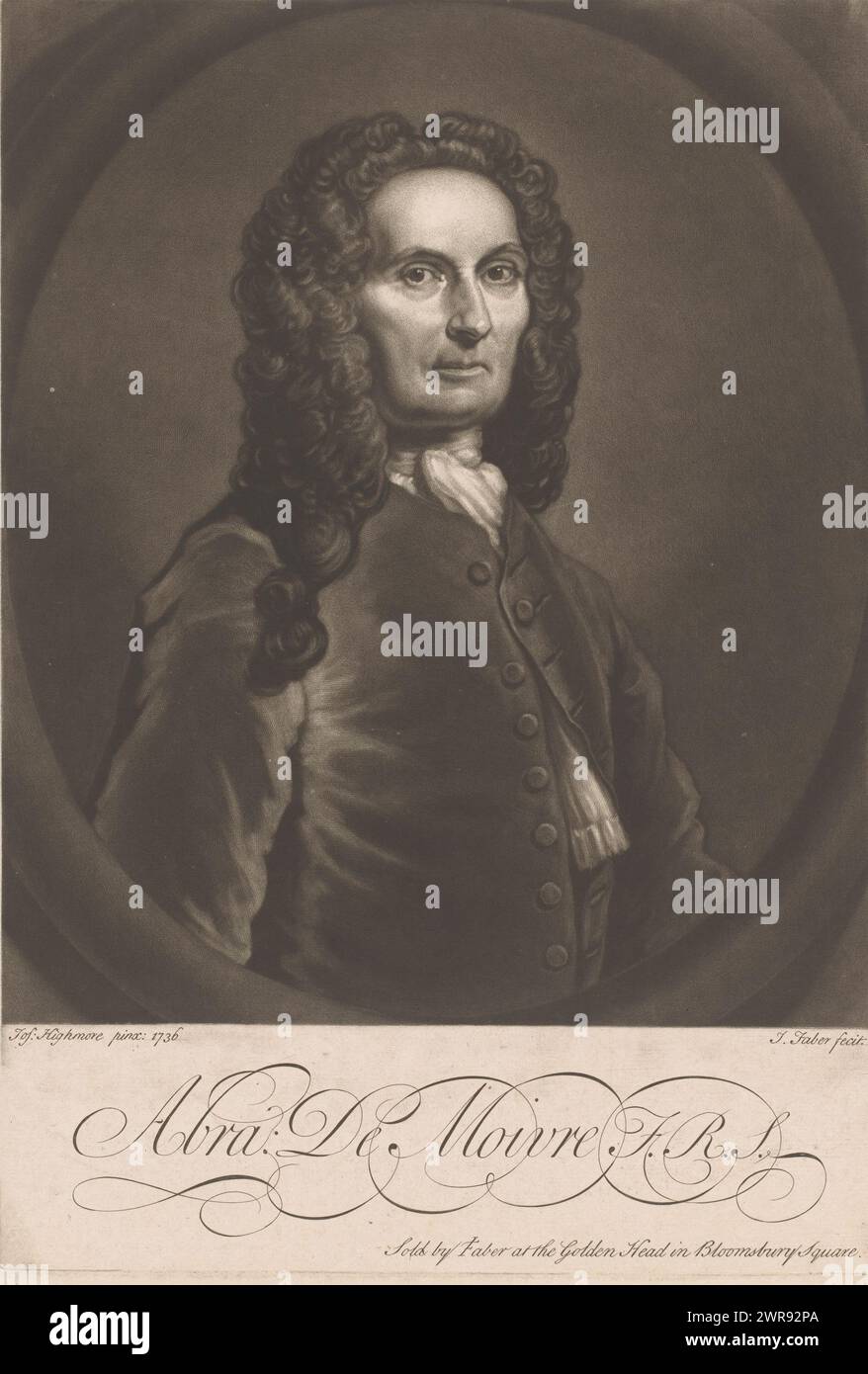 Portrait of Abraham de Moivre, print maker: John Faber (II), after painting by: Thomas Highmore, publisher: John Faber (II), 1736 - 1756, paper, height 327 mm × width 226 mm, print Stock Photo