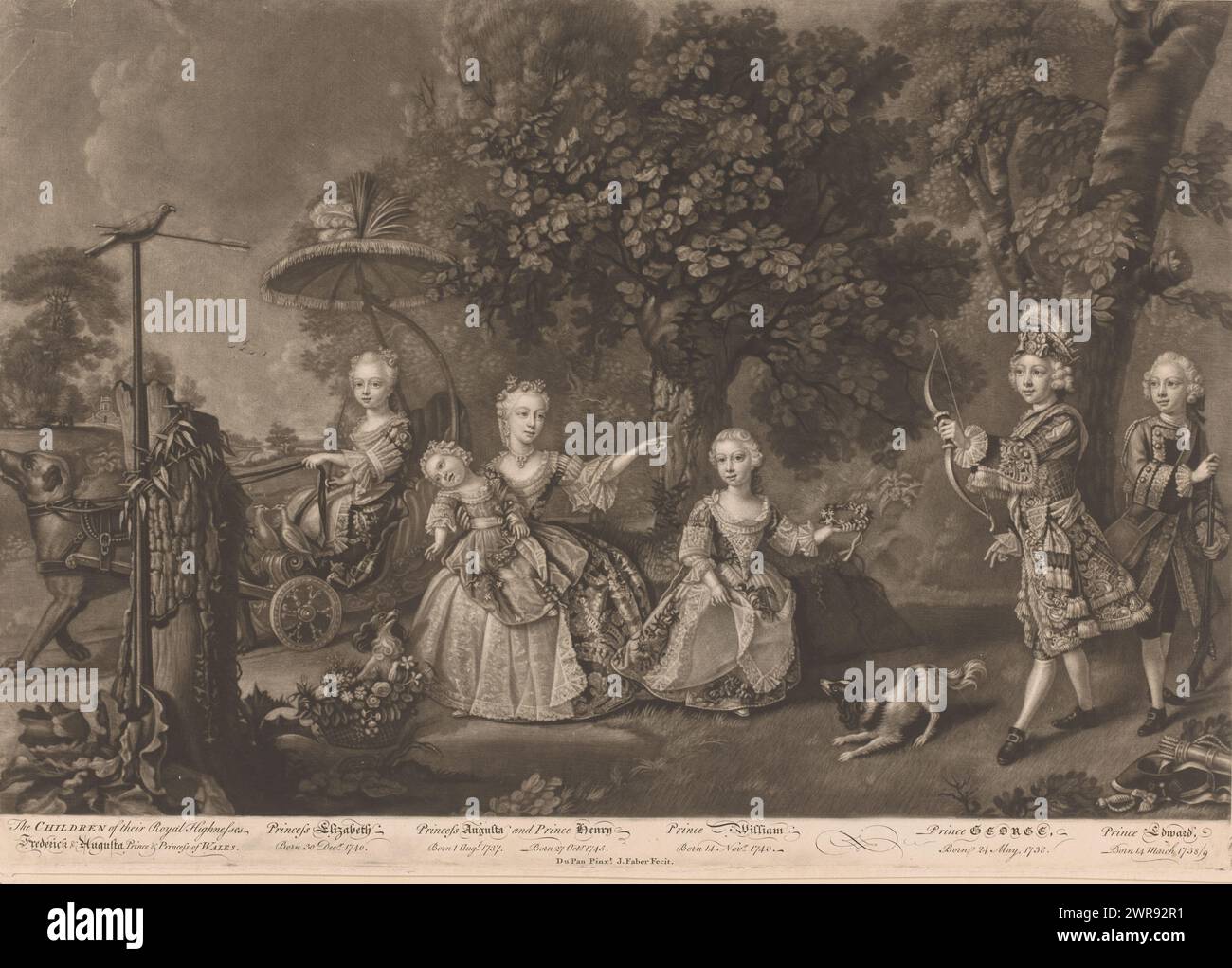 Portrait of Elisabeth Carolina, Princess of Wales, Augusta Frederick of Hanover, Henry Frederick, Duke of Cumberland and Strathearn, William Frederick of Gloucester, George III, King of England, and Edward of York, The Children of their Royal Highnesses / Frederick & Augusta Prince & Princess of Wales (title on object), The children of Frederick of Wales and Augusta of Saxe-Gotha at a young age., print maker: John Faber (II), after painting by: Barthélemy Dupan, 1745 - 1756, paper, etching, height 353 mm × width 502 mm, print Stock Photo