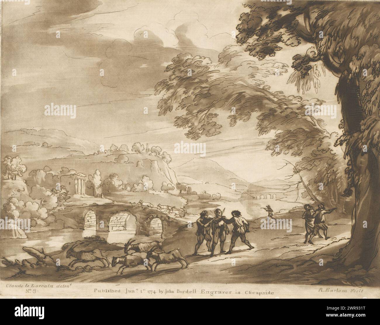 Landscape with stone bridge over river, bandits and fleeing goats, Prints after drawings by Claude Lorrain (series title), Liber Veritatis. Or a Collection of Two Hundred Prints, after the original designs of Claude le Lorrain (...) (series title), Centrally two people robbing a third person. On the right a man shooting towards a shepherd and group of goats., print maker: Richard Earlom, after drawing by: Claude Lorrain, publisher: John Boydell, London, 1-Jan-1774, paper, etching, height 202 mm × width 257 mm, print Stock Photo
