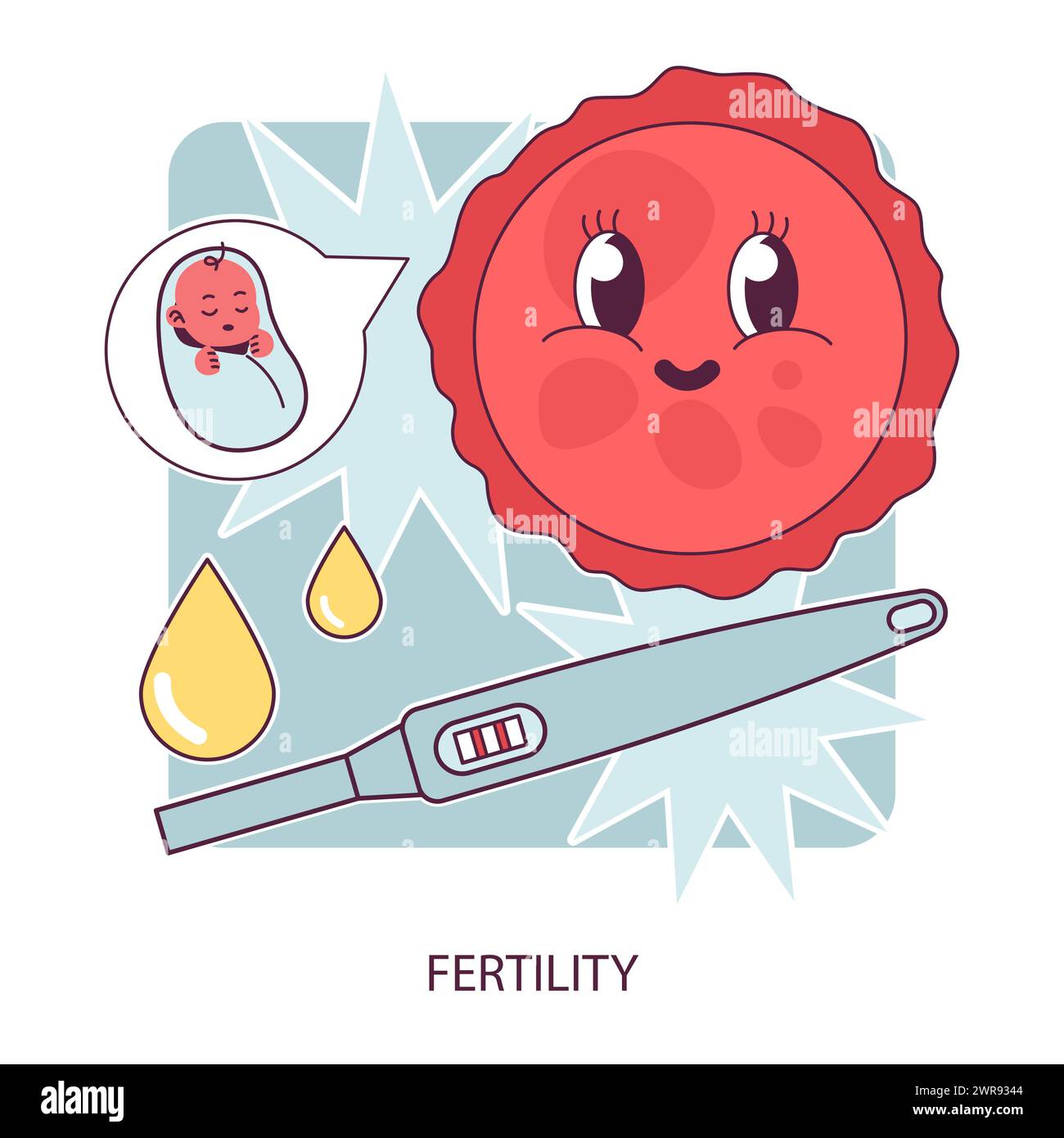 Fertility. Smiley ovum vintage cartoon character visualizes a baby. Positive pregnancy test expectation. Reproductive health, maternity and family planning. Flat vector illustration. Stock Vector