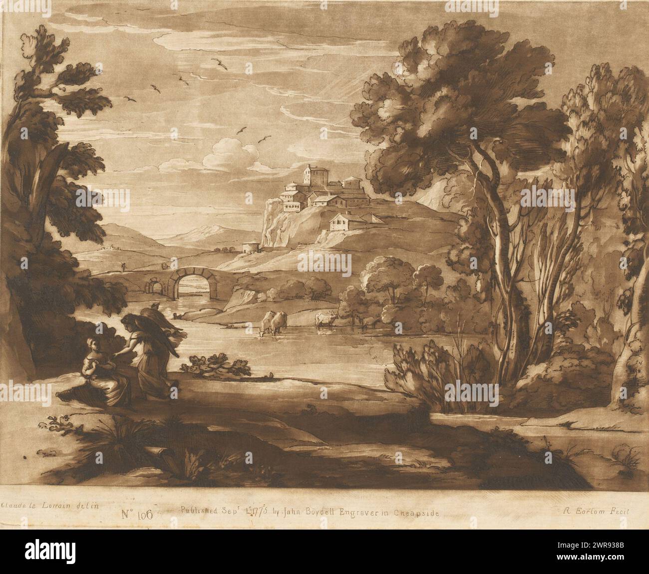 Landscape with angel telling Hagar to go back to Abraham and Sarah, Prints after drawings by Claude Lorrain (series title), Liber Veritatis. Or a Collection of Two Hundred Prints, after the original designs of Claude le Lorrain (...) (series title), print maker: Richard Earlom, after drawing by: Claude Lorrain, publisher: John Boydell, London, 1-Sep-1775, paper, etching, height 208 mm × width 258 mm, print Stock Photo