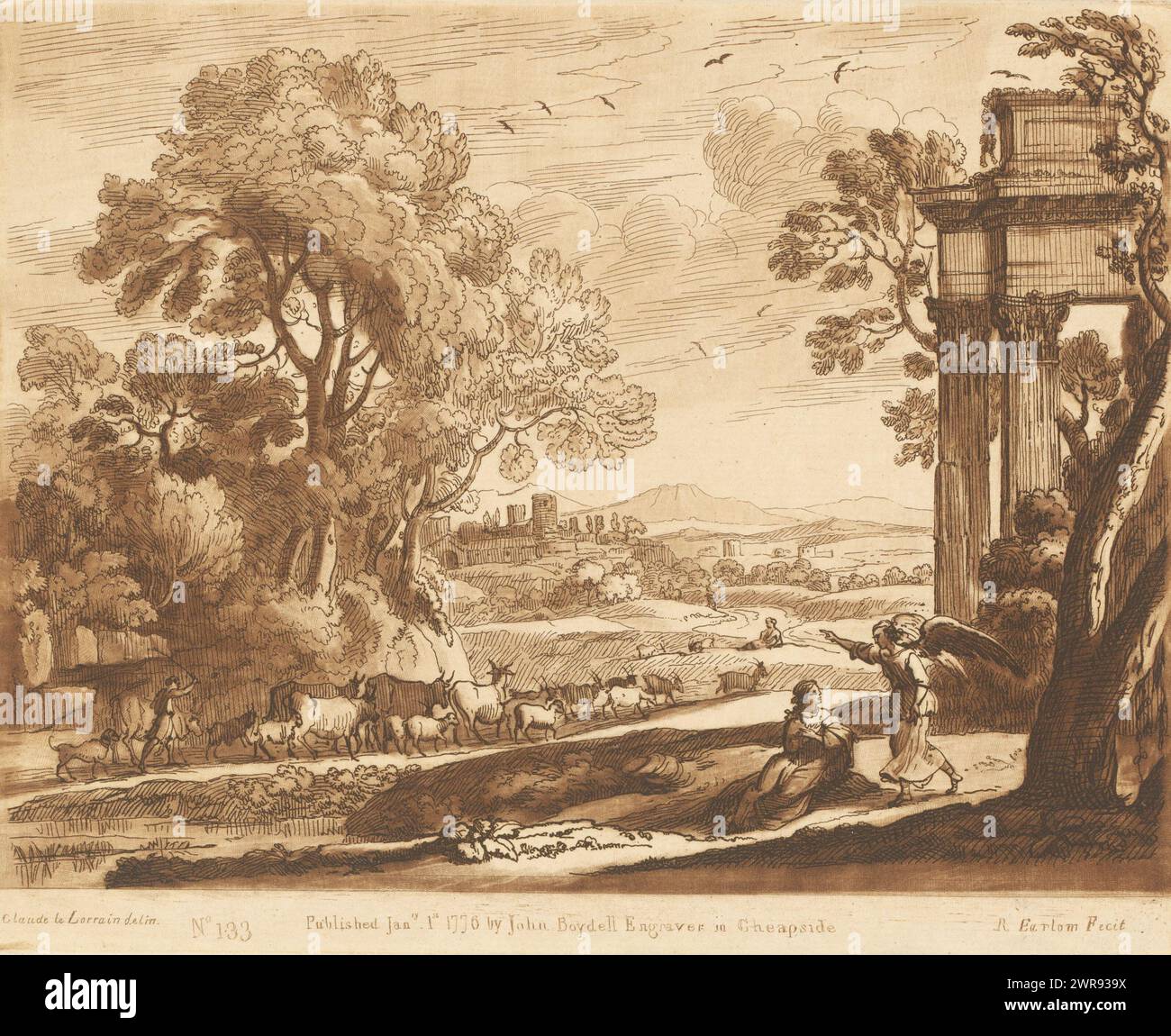 Landscape with Hagar and the angel near a ruin, Prints after drawings by Claude Lorrain (series title), Liber Veritatis. Or a Collection of Two Hundred Prints, after the original designs of Claude le Lorrain (...) (series title), print maker: Richard Earlom, after drawing by: Claude Lorrain, publisher: John Boydell, London, 1-Jan-1776, paper, etching, height 209 mm × width 260 mm, print Stock Photo