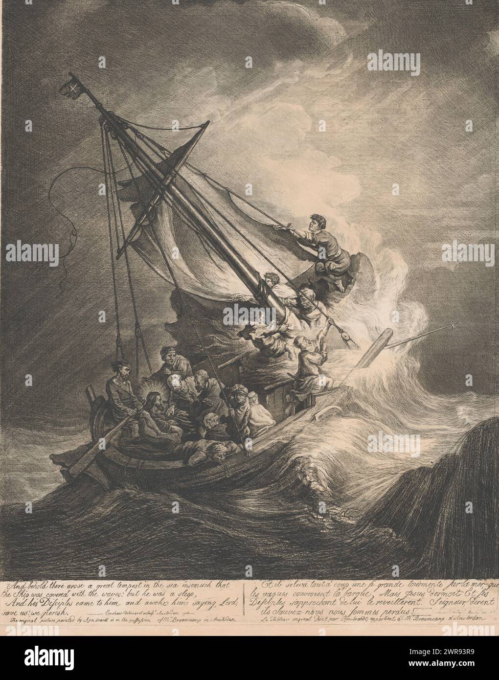 Christ in the storm on the Sea of Galilee, Christ sits on the left side of the boat and is awakened from his sleep by his disciples. With caption in English and French., print maker: Charles Exshaw, after own design by: Charles Exshaw, after painting by: Rembrandt van Rijn, Amsterdam, 1760, paper, etching, drypoint, height 644 mm × width 509 mm, print Stock Photo