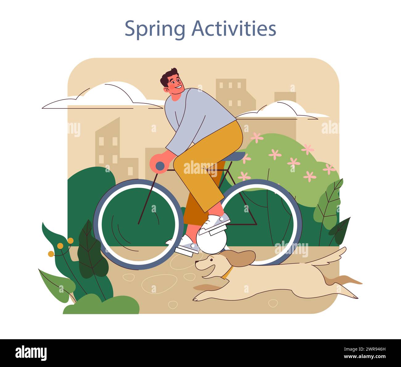 Spring Activities concept. Man enjoys a bike ride, accompanied by a playful dog, amidst a city park in bloom. Stock Vector