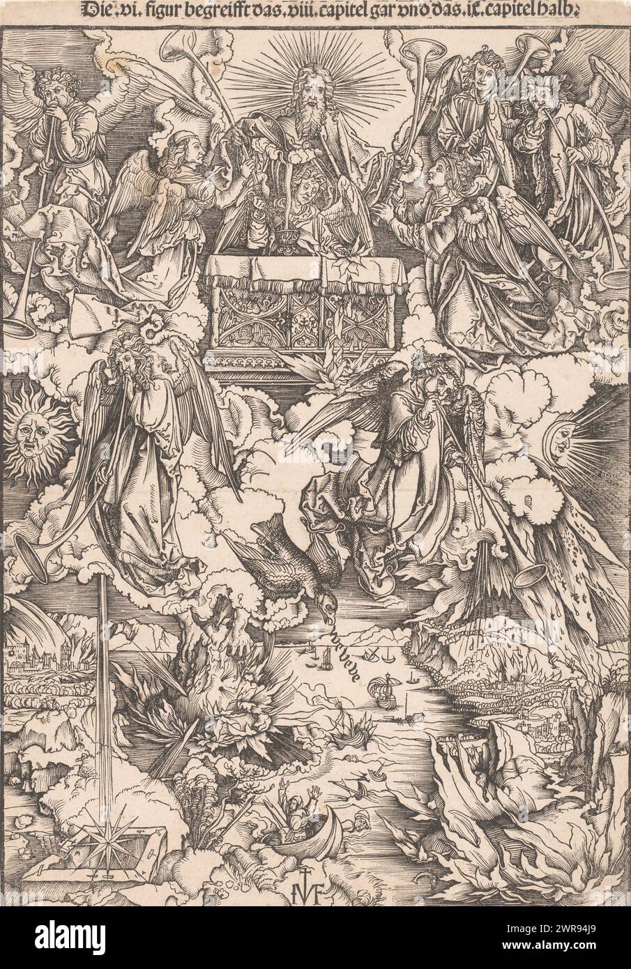 Blowing of the first five trumpets, Copies of Dürer's Apocalypse (series title), After the opening of the seventh seal by the Lamb, seven angels appeared, who received trumpets from God to blow. The first angel caused hail, fire and blood to descend on the earth, the second caused a burning mountain to fall into the sea, the third caused the water to be poisoned by pouring a burning star into it, the fourth caused the sun, moon and stars to be partially darkened. and the fifth angel dropped a star into a bottomless pit. An eagle crows the words 'Ve Ve Ve'. Stock Photo