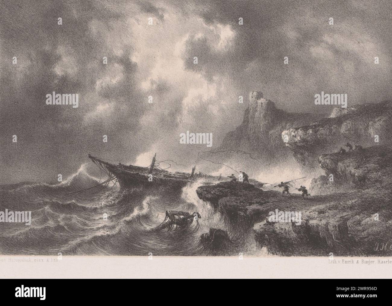 Ship in distress during a storm at sea, the masts of the boat are broken off. From the rocky coast, figures try to tie the boat down with ropes., print maker: Johannes Hilverdink, after painting by: Johannes Hilverdink, printer: Emrik & Binger, Haarlem, 1861, paper, height 265 mm × width 360 mm, print Stock Photo