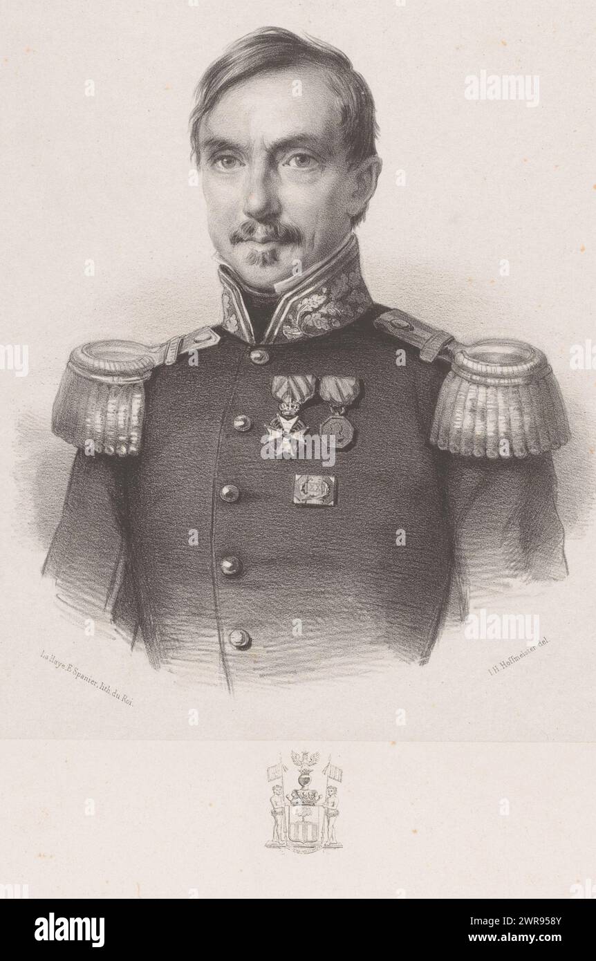 Portrait of Carel Paul Amarant de Salis Soglio Mayenfeld, The sitter wears the Military Order of William, the medal of the war on Java and a decoration for twenty years of military service. Below the portrait the family coat of arms of the De Salis family., print maker: Johan Hendrik Hoffmeister, printer: Koninklijke Steendrukkerij van E. Spanier, print maker: Netherlands, printer: The Hague, c. 1851 - 1883, paper, height 510 mm × width 350 mm, print Stock Photo