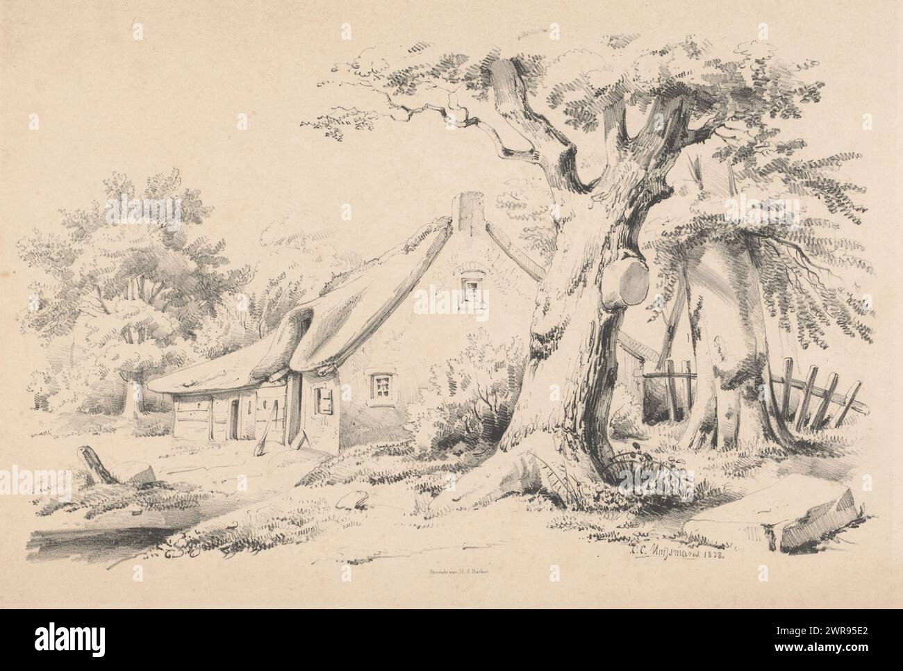 Farm and two trees, The Landscape (series title), Behind the trees is a fence., print maker: Constantinus Cornelis Huysmans, printer: Hilmar Johannes Backer, Dordrecht, 1838, paper, height 320 mm × width 500 mm, print Stock Photo