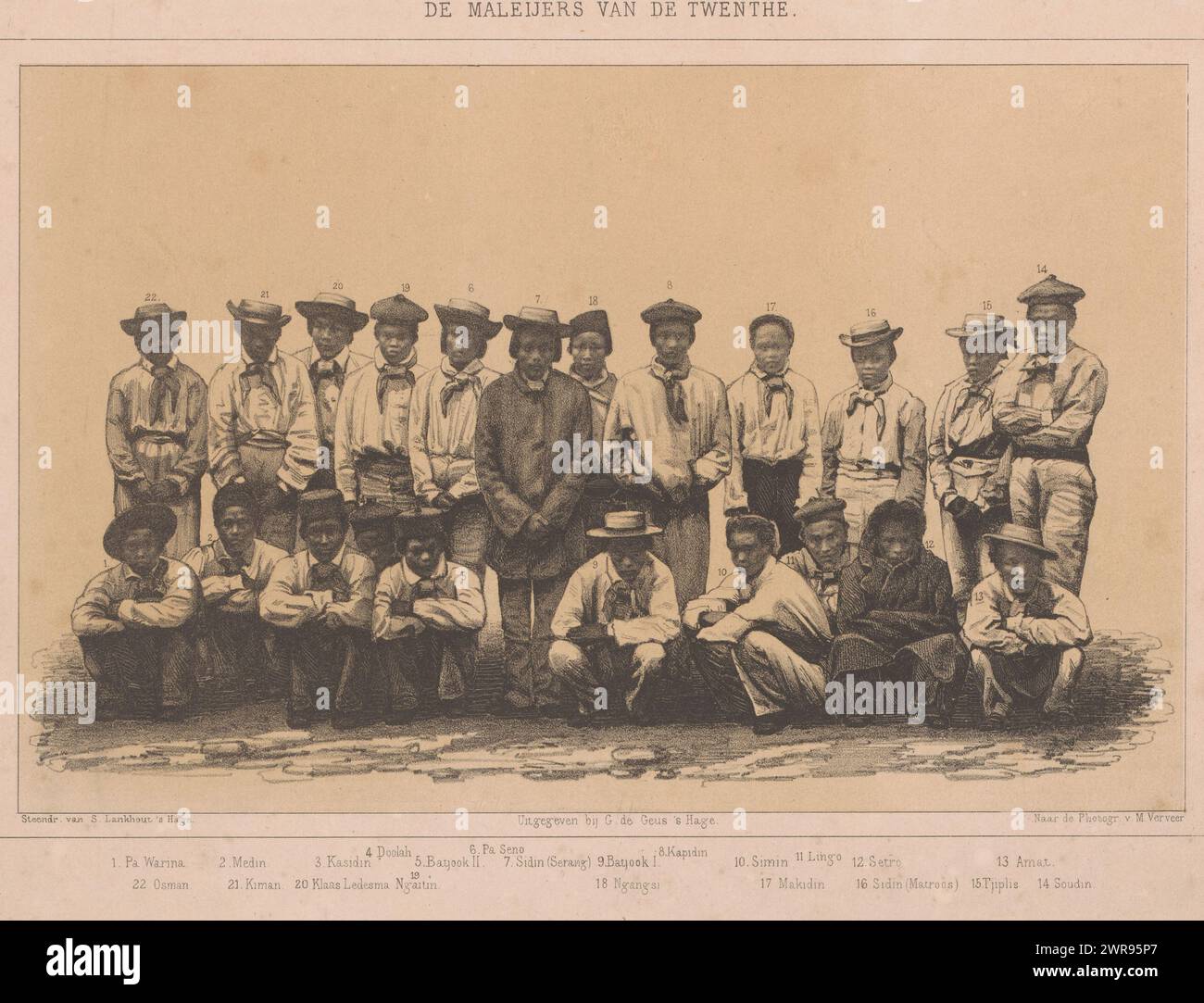 Malays from the merchant ship 'Twenthe', The Malayers of Twenthe (title on object), Group portrait of the twenty-two Malays from the merchant ship 'Twenthe', who committed mutiny on August 12, 1856 on their way to the East Indies and murdered part of the crew . Four of them were sentenced to prison on March 1, 1858. At the bottom the names 1-22., print maker: anonymous, after photo by: Maurits Verveer, printer: Samuel Lankhout, The Hague, 1858, paper, height 250 mm × width 330 mm, print Stock Photo
