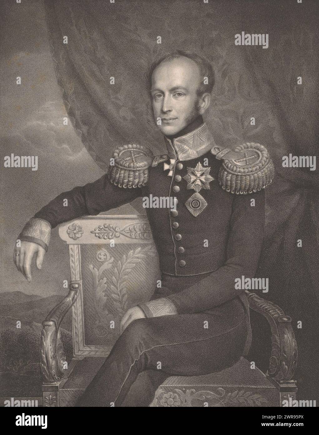 Portrait of William II, King of the Netherlands, HRH the Prince of Orange (title on object), The sitter wears a military uniform with knighthoods and epaulettes. He is sitting on a chair with his right arm over the back. Behind him a drapery and a landscape., print maker: Carel Christiaan Antony Last, after design by: Carel Christiaan Antony Last, after design by: Jean-Baptiste Van der Hulst, The Hague, 1831, paper, height 520 mm × width 385 mm, print Stock Photo