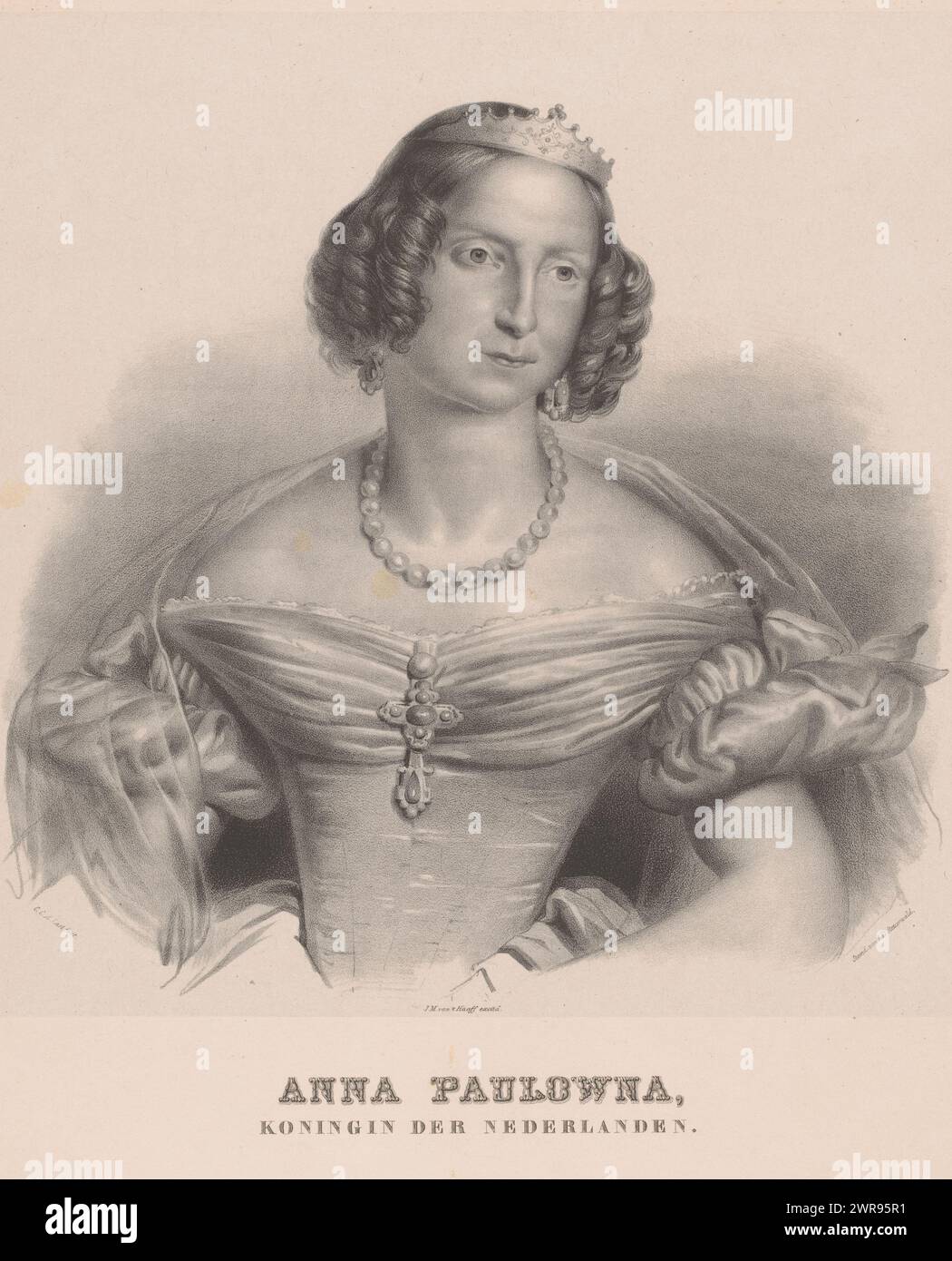 Portrait of Anna Paulowna, Anna Paulowna, Queen of the Netherlands (title on object), The sitter wears a dress with bare shoulders, a pearl necklace, earrings and a tiara., print maker: Carel Christiaan Antony Last, printer: Jan Dam Steuerwald, publisher: J.M. van 't Haaff, print maker: Netherlands, publisher: The Hague, 1822 - 1863, paper, height 440 mm × width 350 mm, print Stock Photo