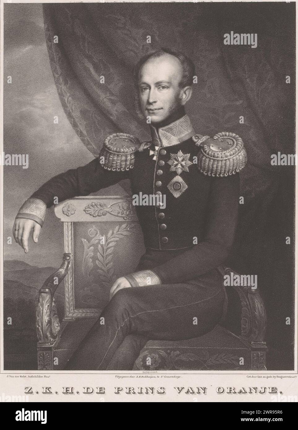 Portrait of William II, King of the Netherlands, HRH the Prince of Orange (title on object), The sitter wears a military uniform with knighthoods and epaulettes. He is sitting on a chair with his right arm over the back. Behind him a drapery and a landscape., print maker: Carel Christiaan Antony Last, after design by: Carel Christiaan Antony Last, after painting by: Jean-Baptiste Van der Hulst, printer: Amsterdam, publisher: The Hague, 1831, paper, height 520 mm × width 422 mm, print Stock Photo
