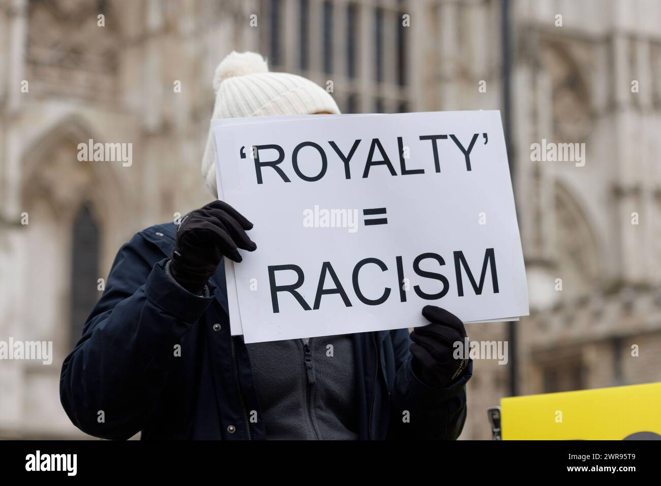 11th March 2024. Outside Westminster Abbey, London, UK. Commonwealth Day. Anti-monarchy campaigners from protest group Republic. Stock Photo