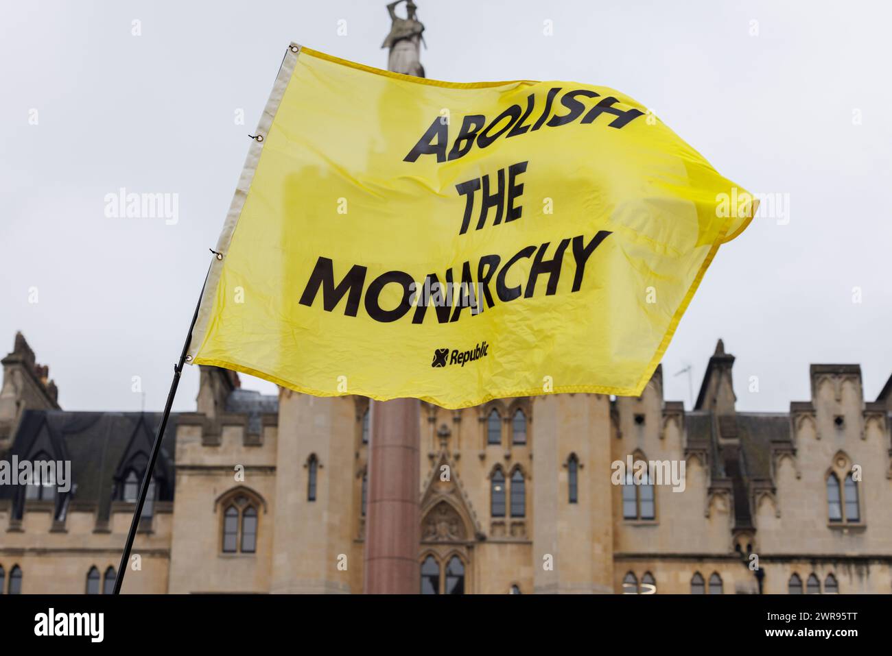 11th March 2024. Outside Westminster Abbey, London, UK. Commonwealth Day. Anti-monarchy campaigners from protest group Republic. Stock Photo