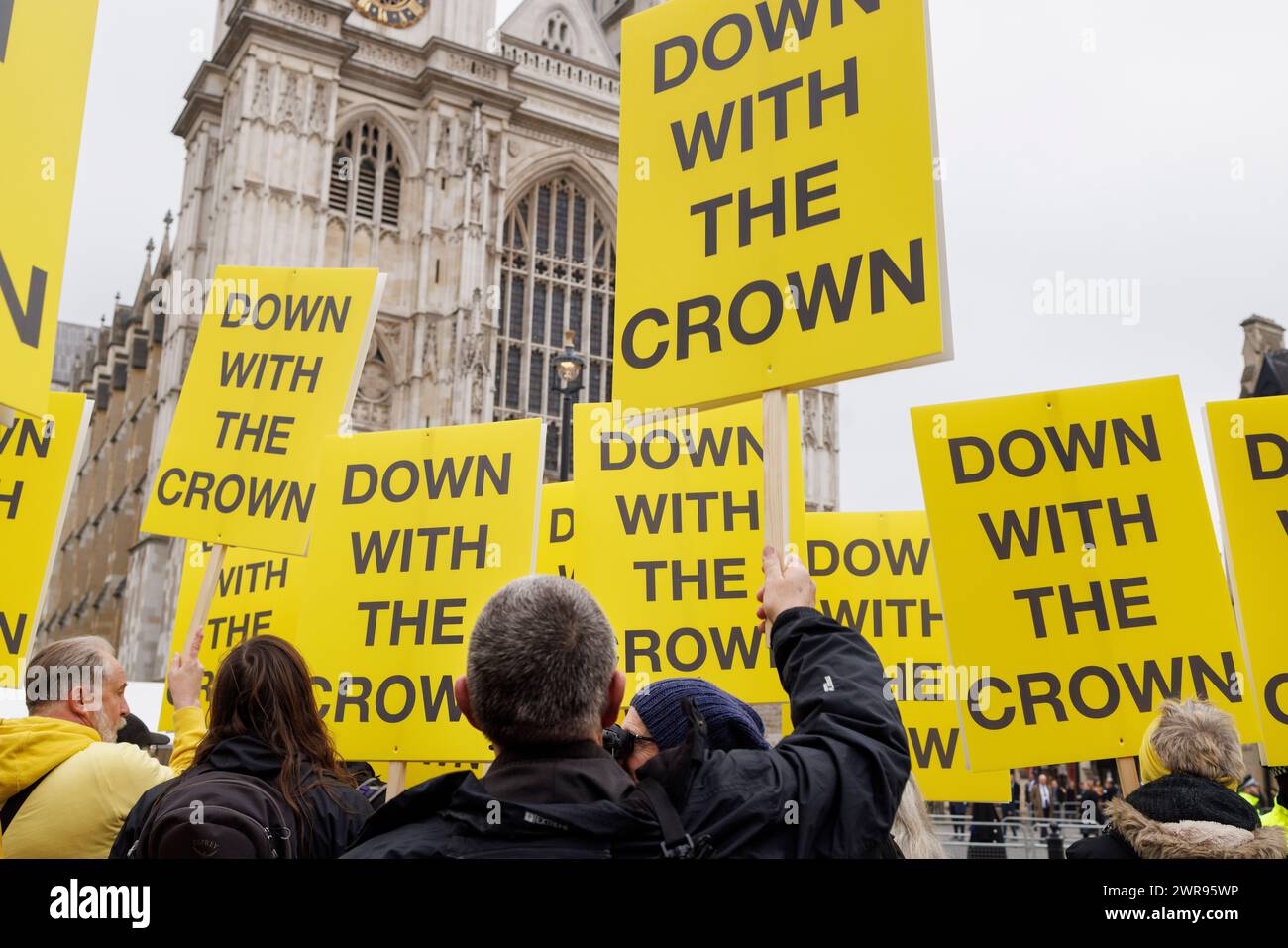 11th March 2024. Outside Westminster Abbey, London, UK. Commonwealth Day. Anti-monarchy campaigners from protest group Republic. Stock Photo
