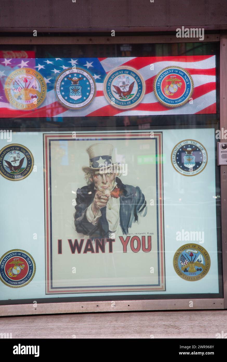 Entance to the Military Recruitment Center at 42nd Street in Times Square, New York   City with the iconic Uncle Sam stating 'I Want You' on the door. Stock Photo